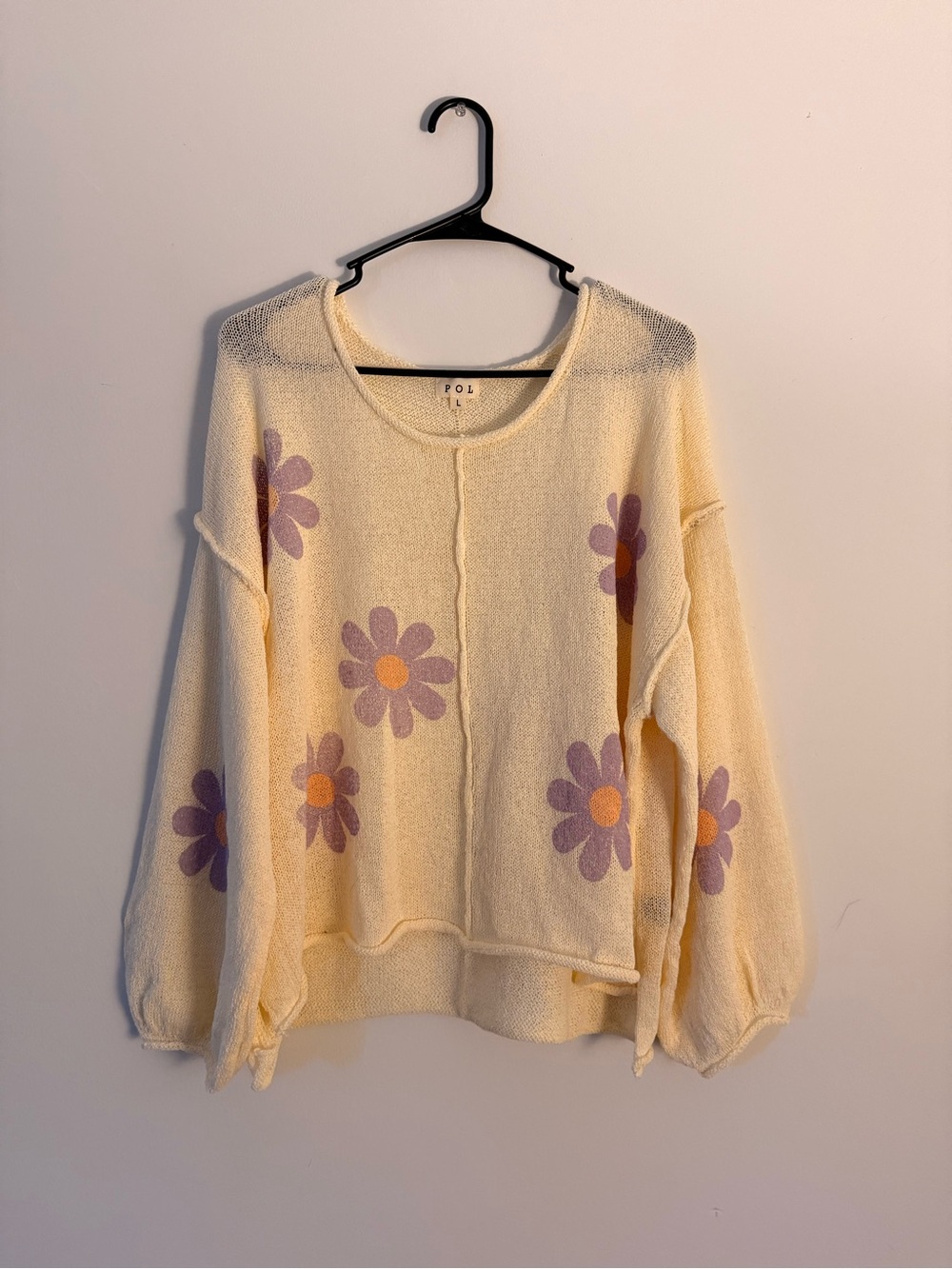 POL Cream Knit Sweater with Purple & Orange Daisies - L